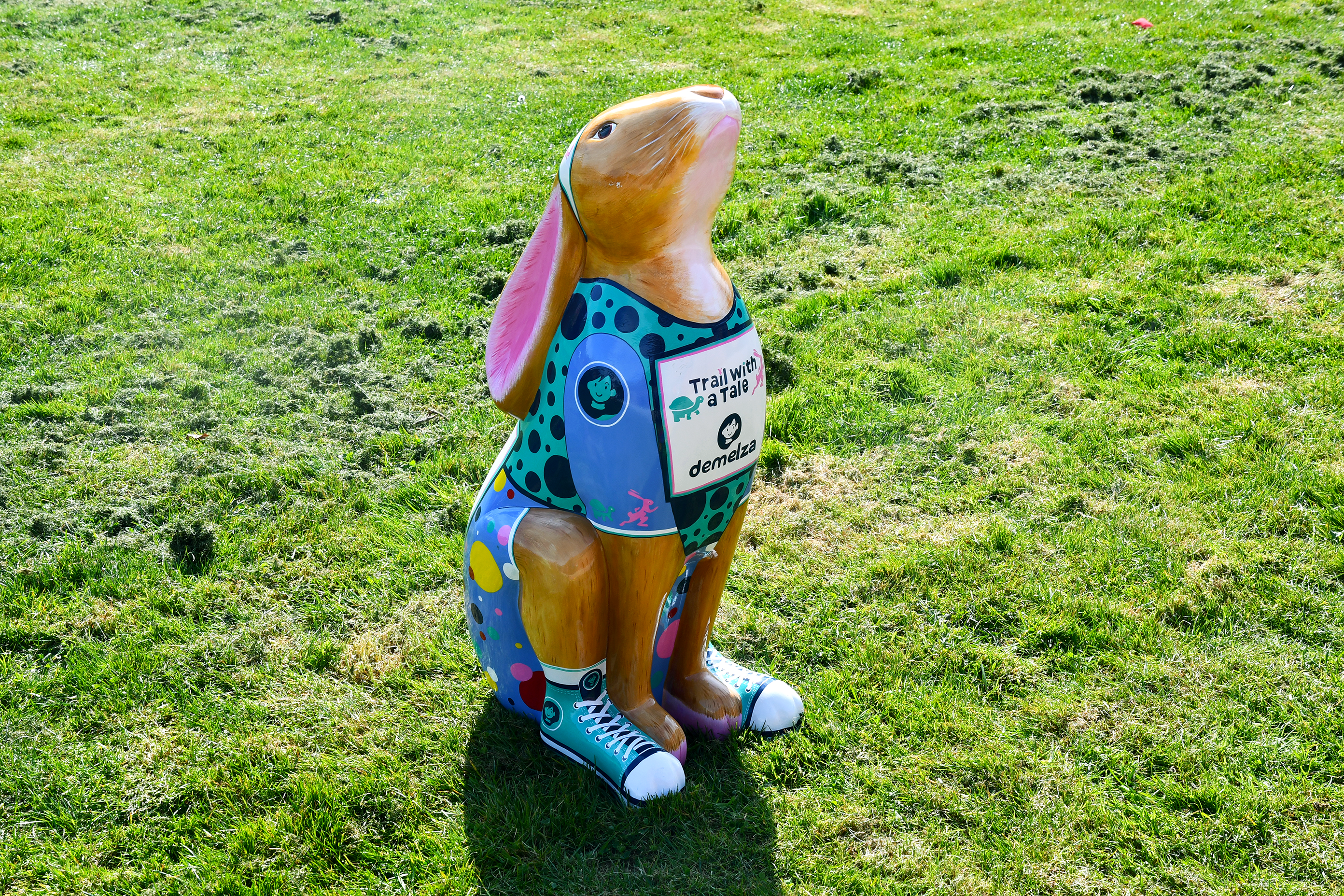 Colourful rabbit sculpture wearing a painted vest with "Trail with a Trail" and "Demelza" text, and trainers, sitting on a grassy field.