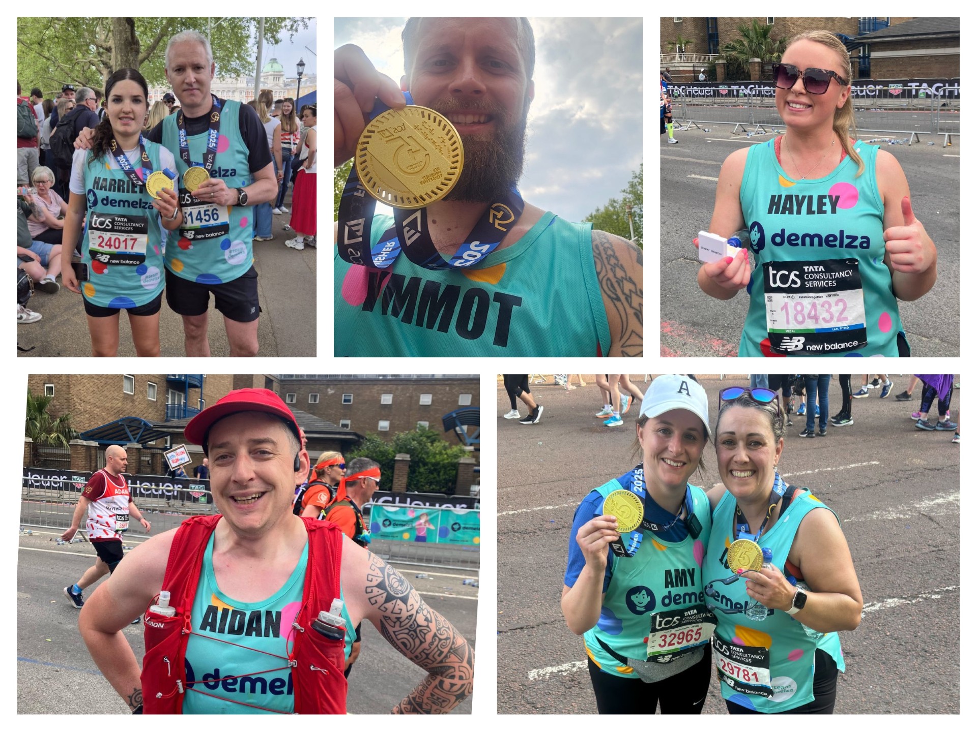 Five marathon runners in teal 'demelza' shirts wearing medals and bibs labeled HARRIET, TOMMY, HAYLEY, AIDAN, and AMY.
