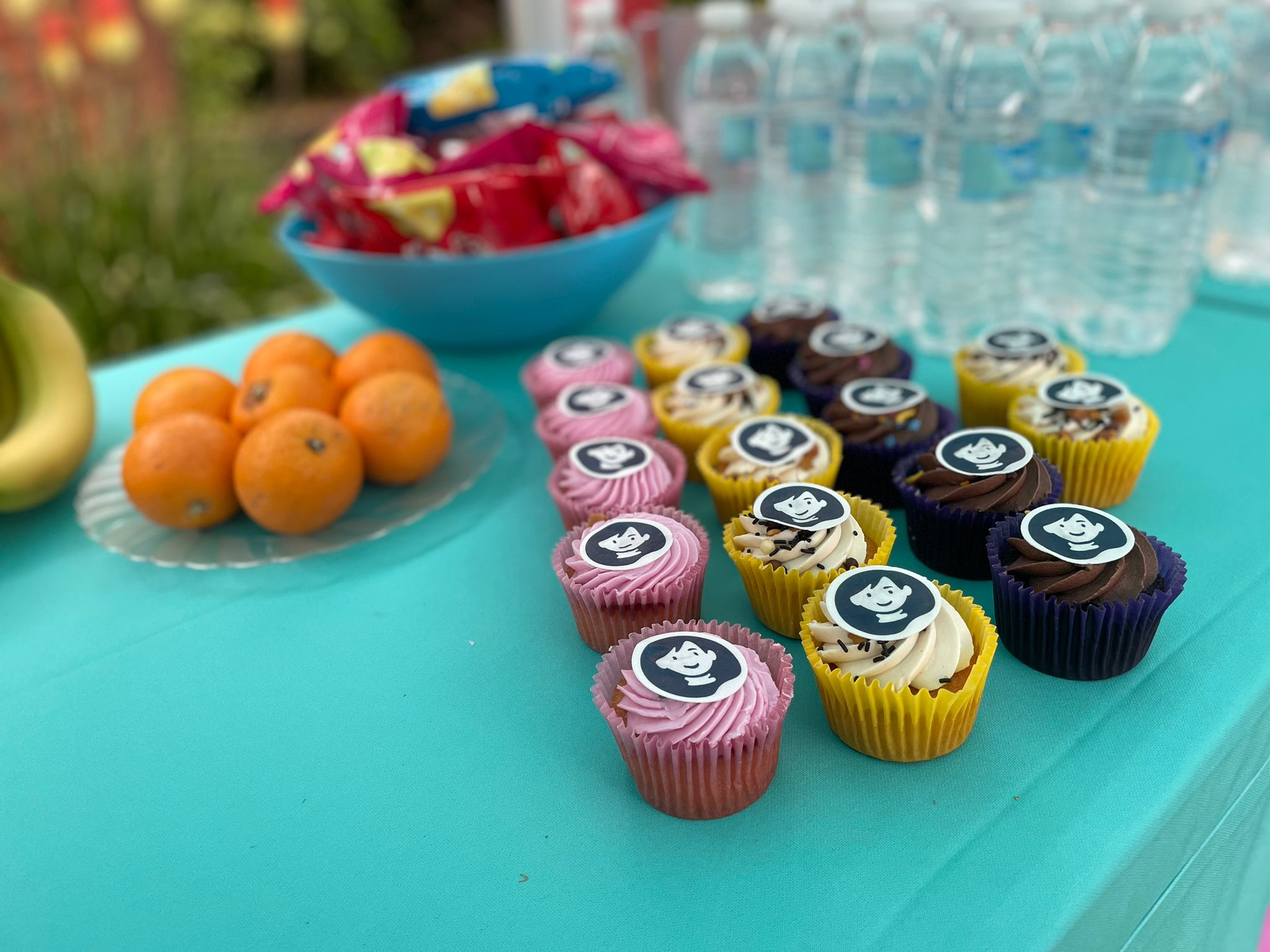 Demelza branded cupcakes, fruit and water bottles