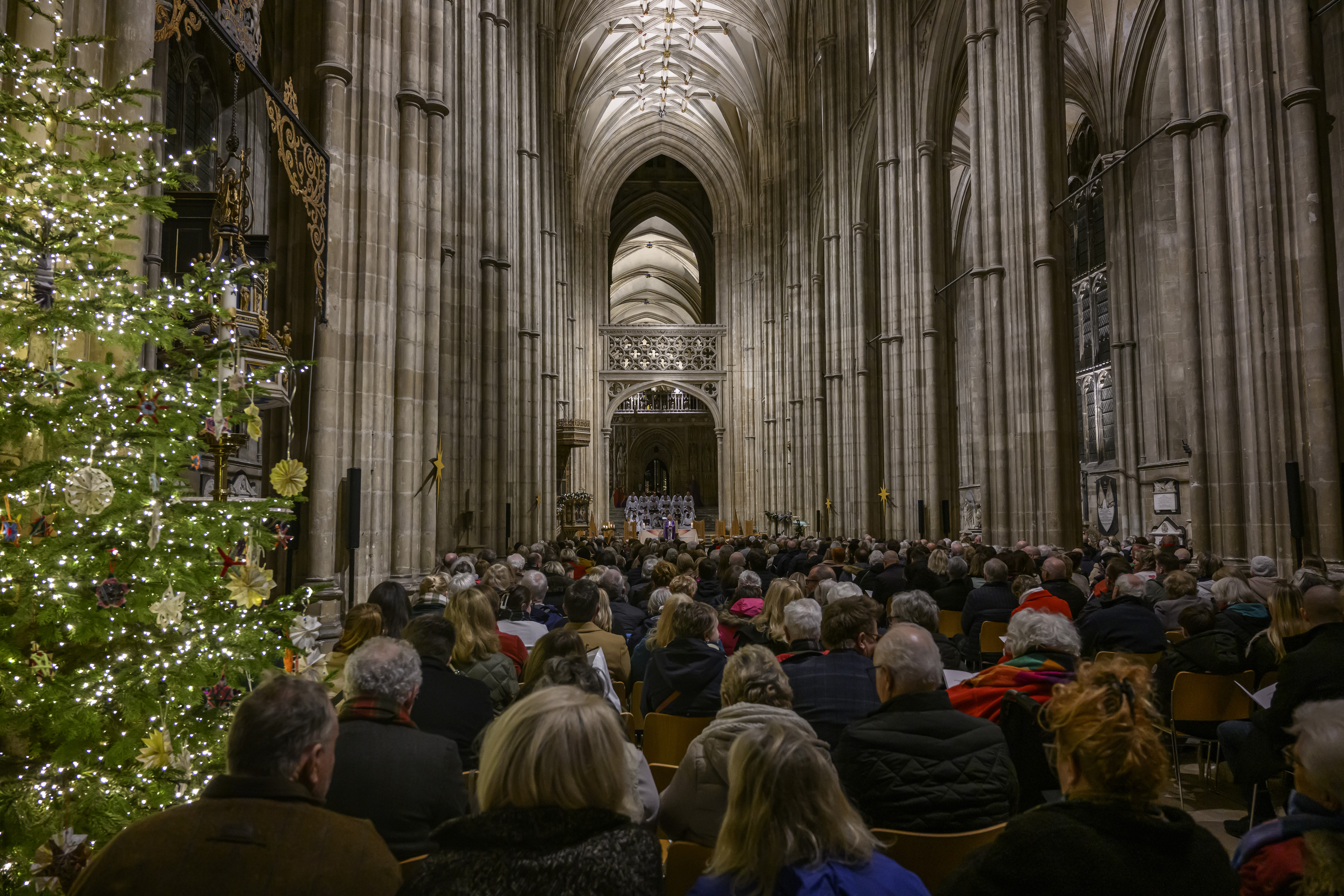 Large congregation seated in a grand cathedral with vaulted ceilings during a service. A lit Christmas tree is visible on the left.