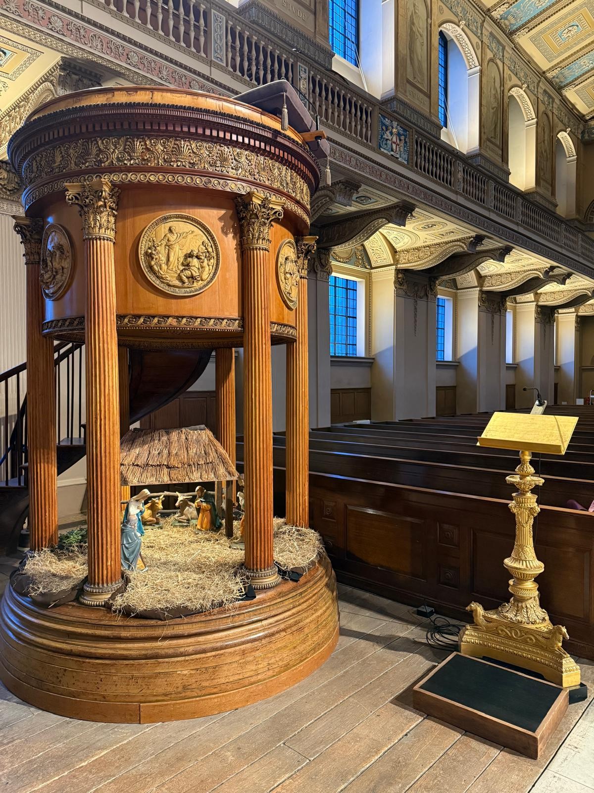Image of a christmas nativity set in a cathedral 